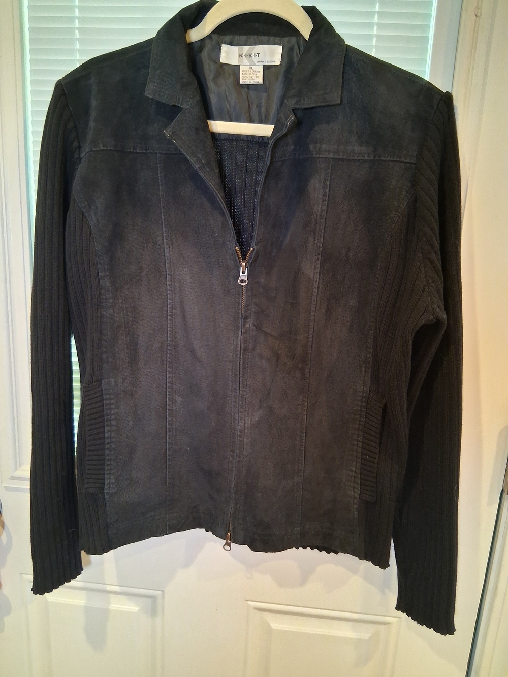 sku22 KiKit By Maurice Black Suede Front with Knit-Sleeve Zip Jacket, XL